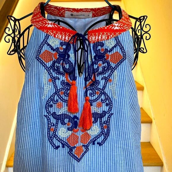 🌸 The Impeccable Pig Striped Blue White Embroidered Sleeveless Dress 🌸✨ - Picture 3 of 14